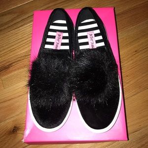 LIKE NEW Betsey Johnson velvet pom-pom sneakers